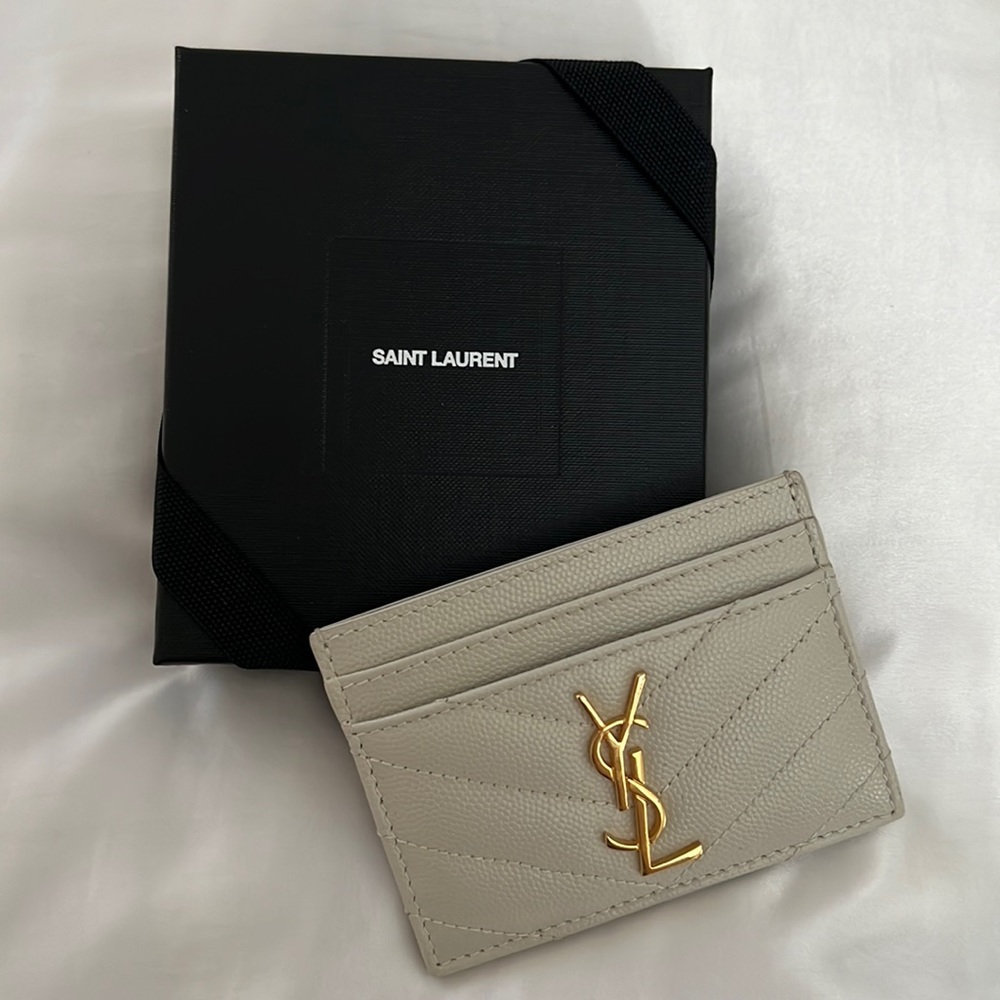 YSL Monogram Card Case in Grain De Poudre Embossed Leather ~ Blanc Vintage